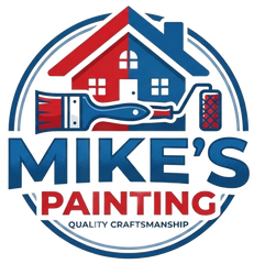 Mike’s Painting logo with house, paintbrush, and blue-red text, “Quality Craftsmanship”