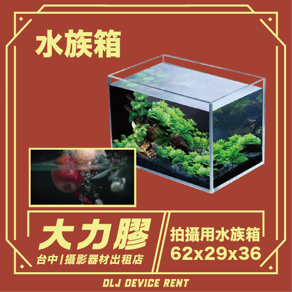水族箱出租廣告。圖中展示了一個透明的長方形水族箱，裡面養著水生植物，旁邊還有一個較小的插圖。背景為紅色。