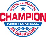 Champion Mechanical logo with red and blue circular HVAC emblem and wrench icon