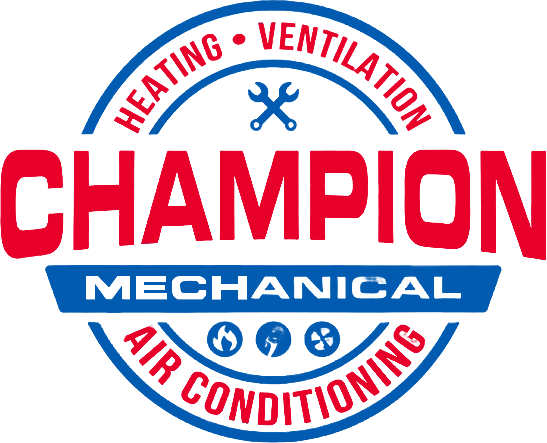 Champion Mechanical logo with red and blue circular HVAC emblem and wrench icon
