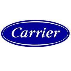 Carrier logo in white script on a blue oval background