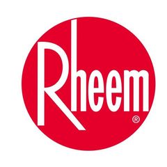 Rheem logo in white text on a red circular background