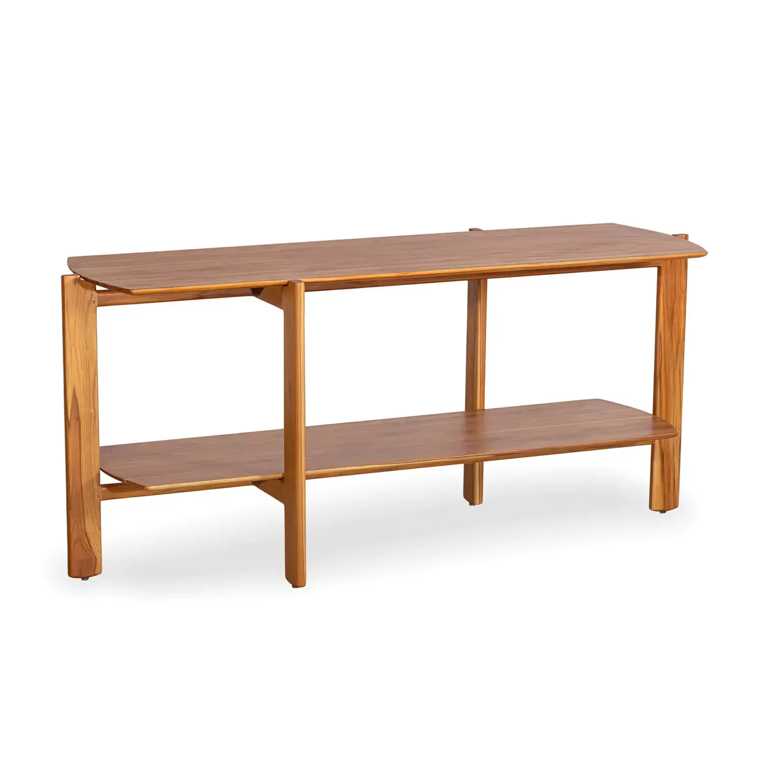 Mesa de consola de madeira com duas prateleiras.