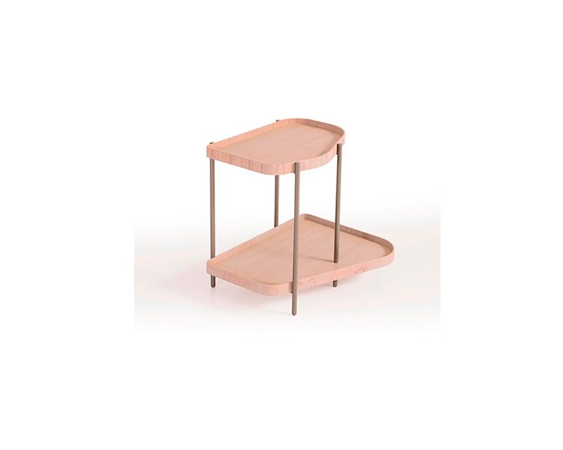 Mesa lateral rosa de dois níveis com pés cinza. Prateleiras retangulares arredondadas.
