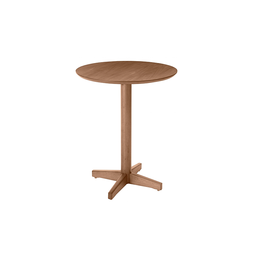 Mesa redonda de madeira com pedestal, base de quatro pés e um único suporte central.