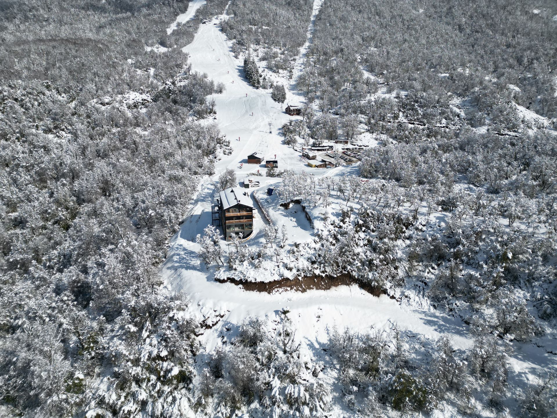 Paisaje montañoso nevado con estación de esquí y telesilla. Árboles blancos rodean la zona con una pista de esquí despejada.