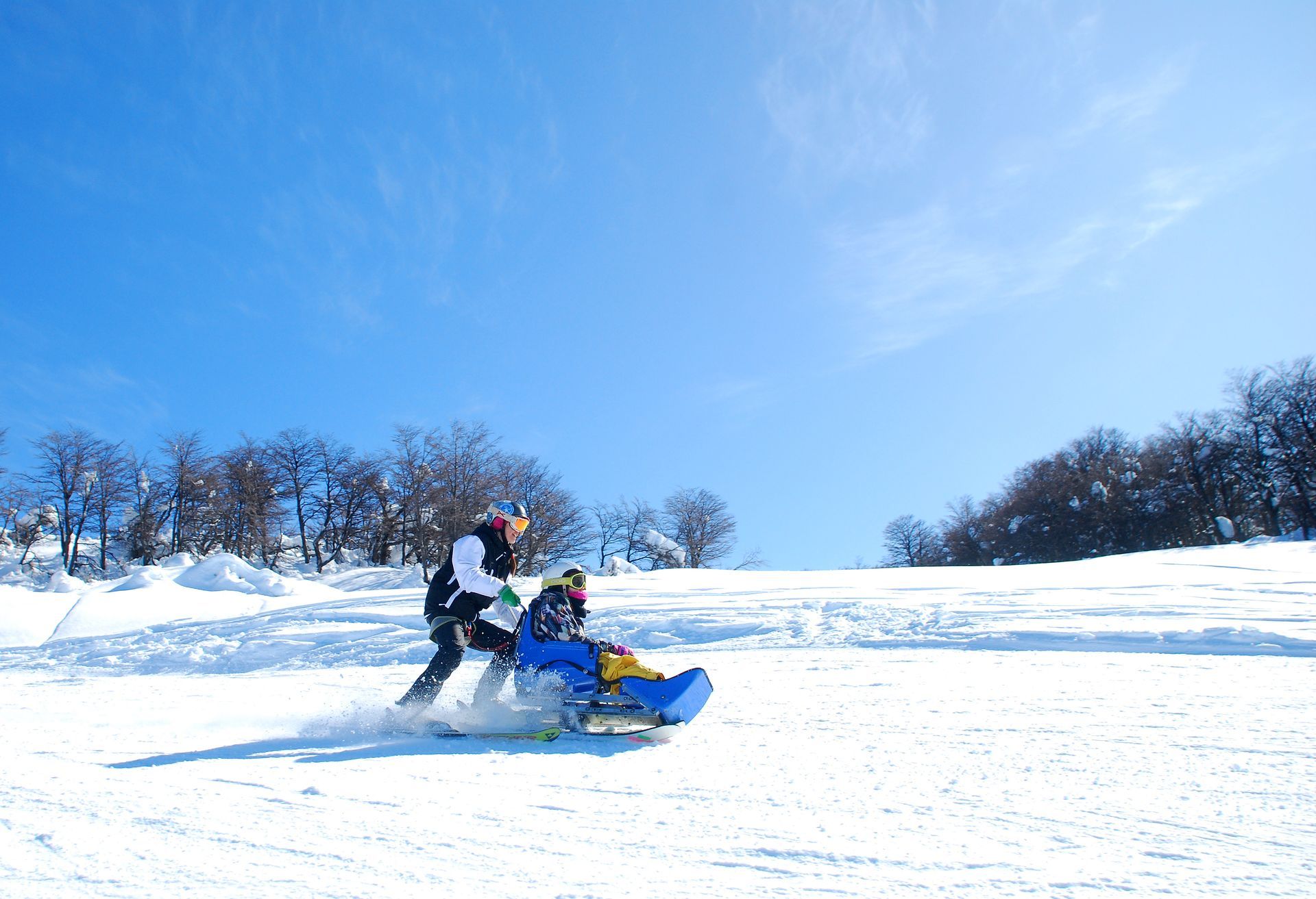 Un hombre está tirando de un niño en un trineo por una colina nevada.