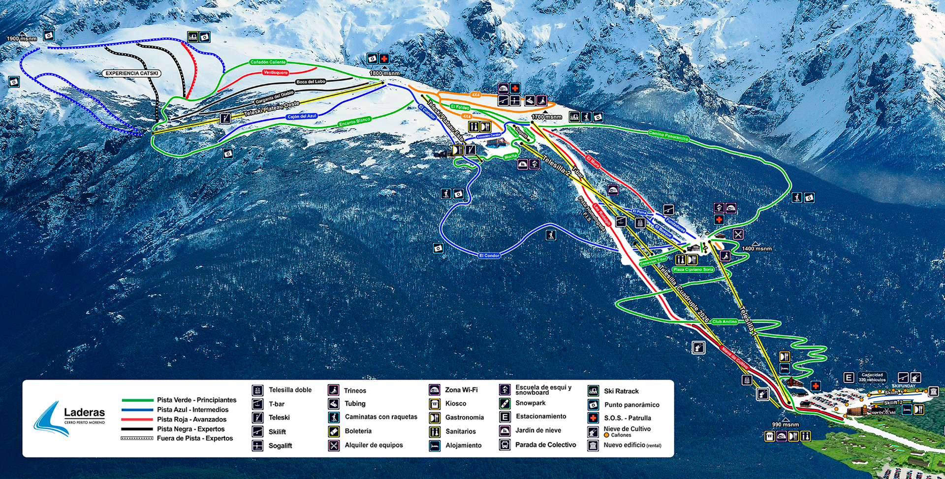 Mapa de estación de esquí con remontes, senderos y edificios, situado en montañas nevadas.