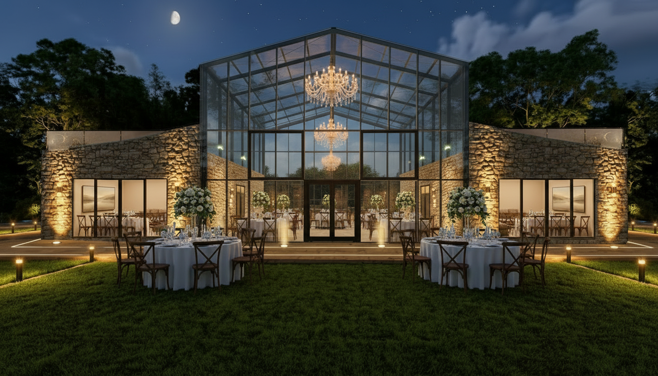 Wedding ceremony in a glass greenhouse, with bride and groom walking down the aisle between seated guests.