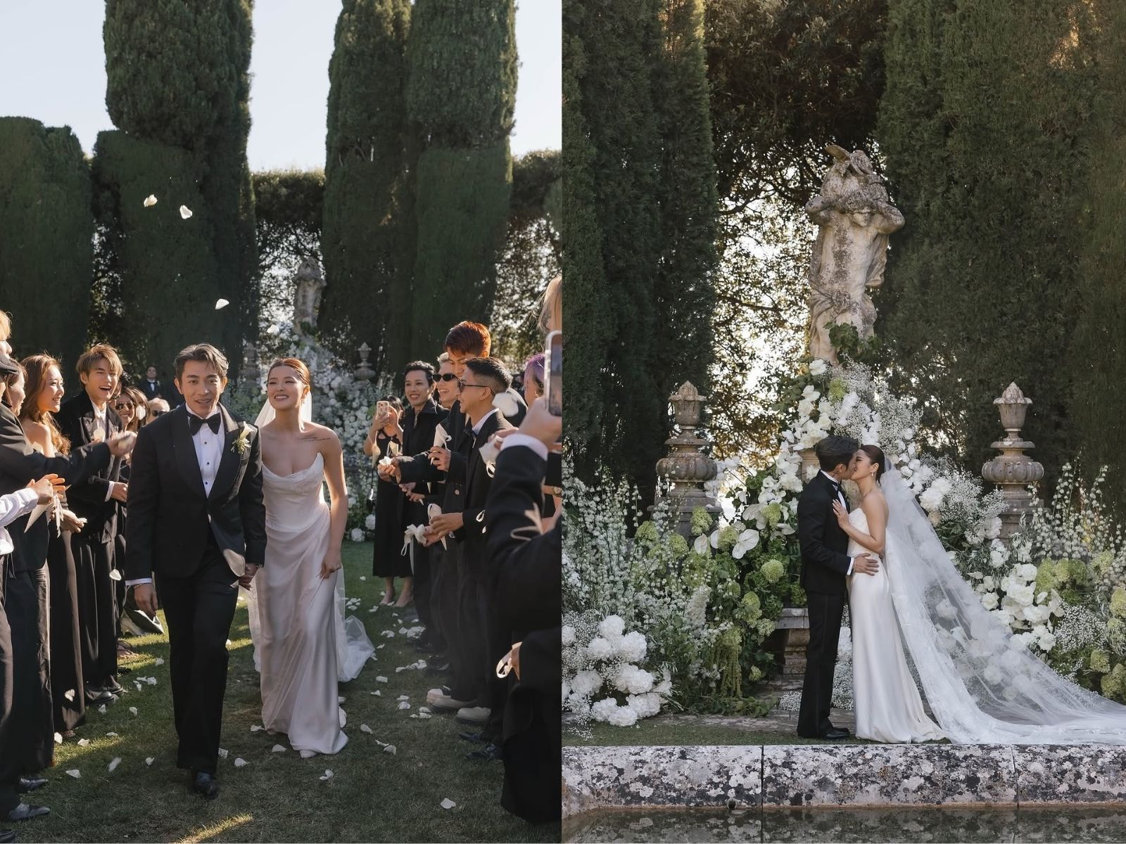 Wedding ceremony: Couple walks through petals, kissed under archway with flowers. Guests in formal attire.