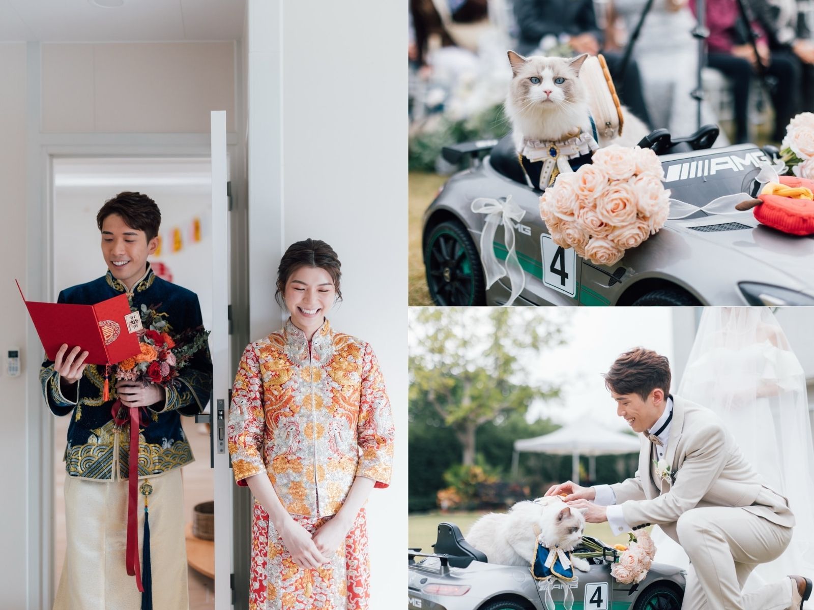 Wedding photos: Couple, traditional attire. Cat in toy car, bouquet. Man petting dog near car.
