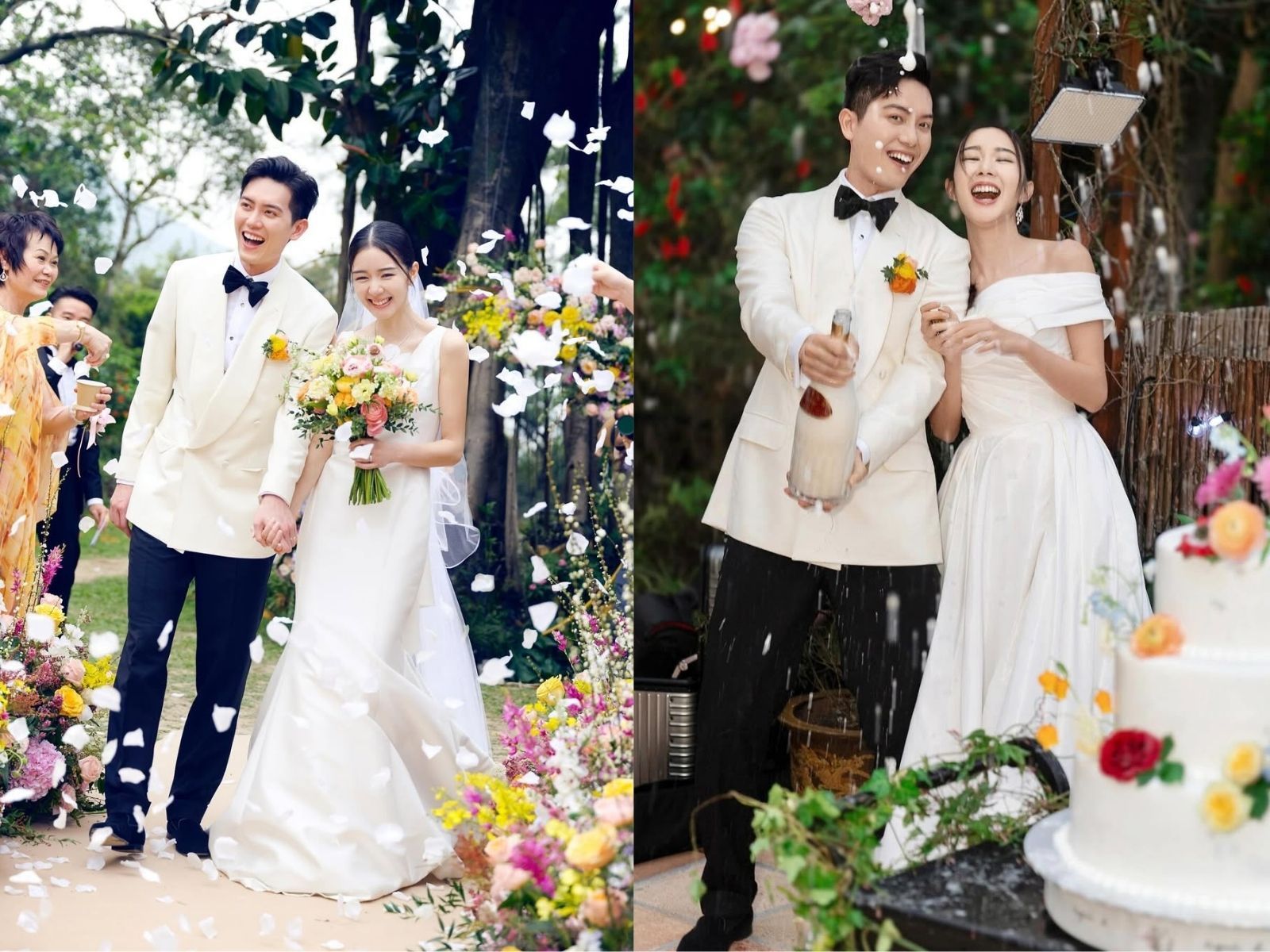 Two wedding photos: couple celebrating with confetti and flowers. Smiling bride in white dress, groom in suit.