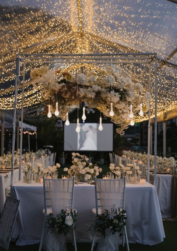 Wedding reception with white floral arrangements, string lights, and a screen showing a couple, set under a clear tent.