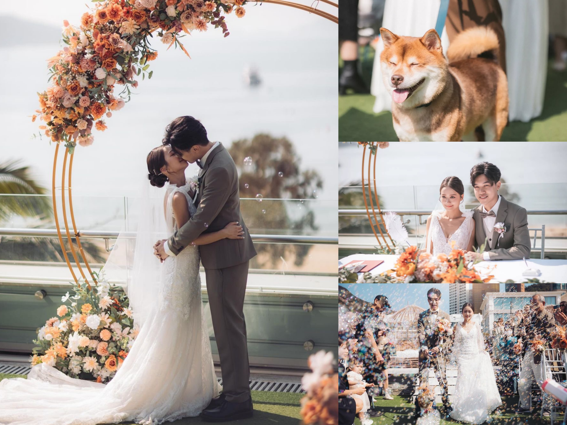 Wedding photos: couple in front of a white house. They are standing near an arch decorated with flowers.