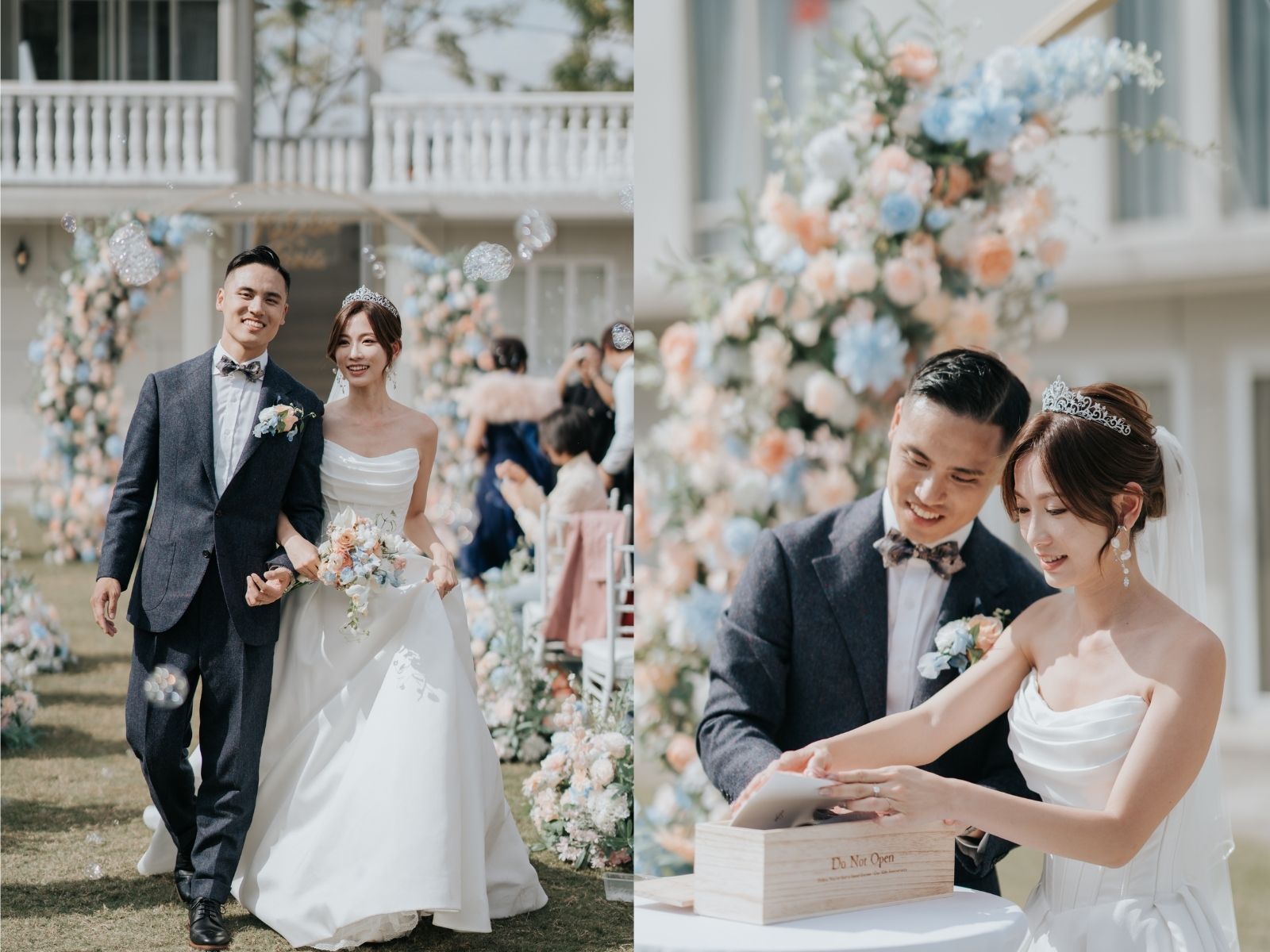 Newlyweds walking, smiling. Outdoor wedding with floral arch. Man in suit, woman in white gown.