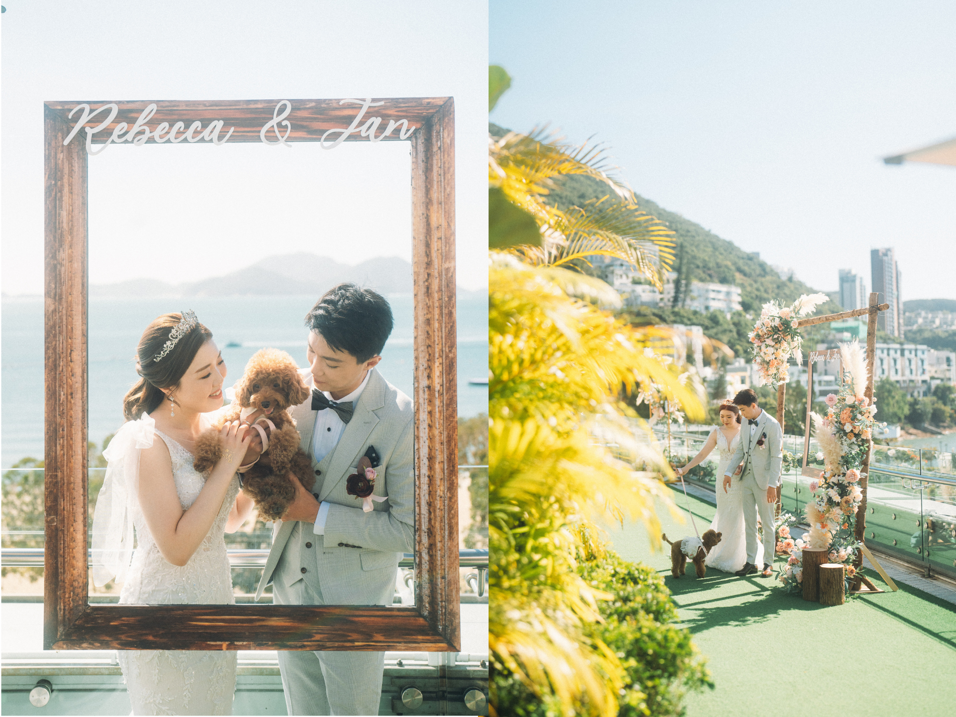 Wedding scenes: bride and groom, outdoor ceremony, reception with bridesmaids.