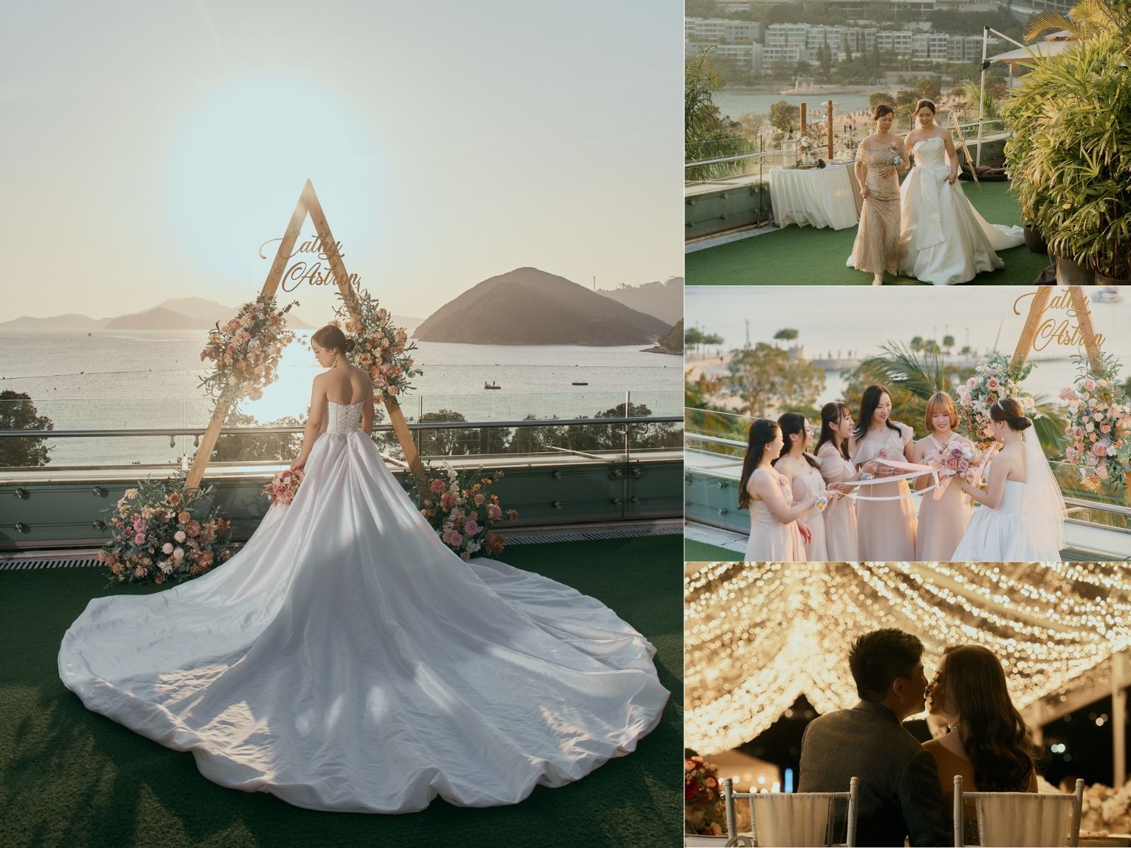 Wedding photos, bride in gown poses before triangle arch at sunset overlooking water.