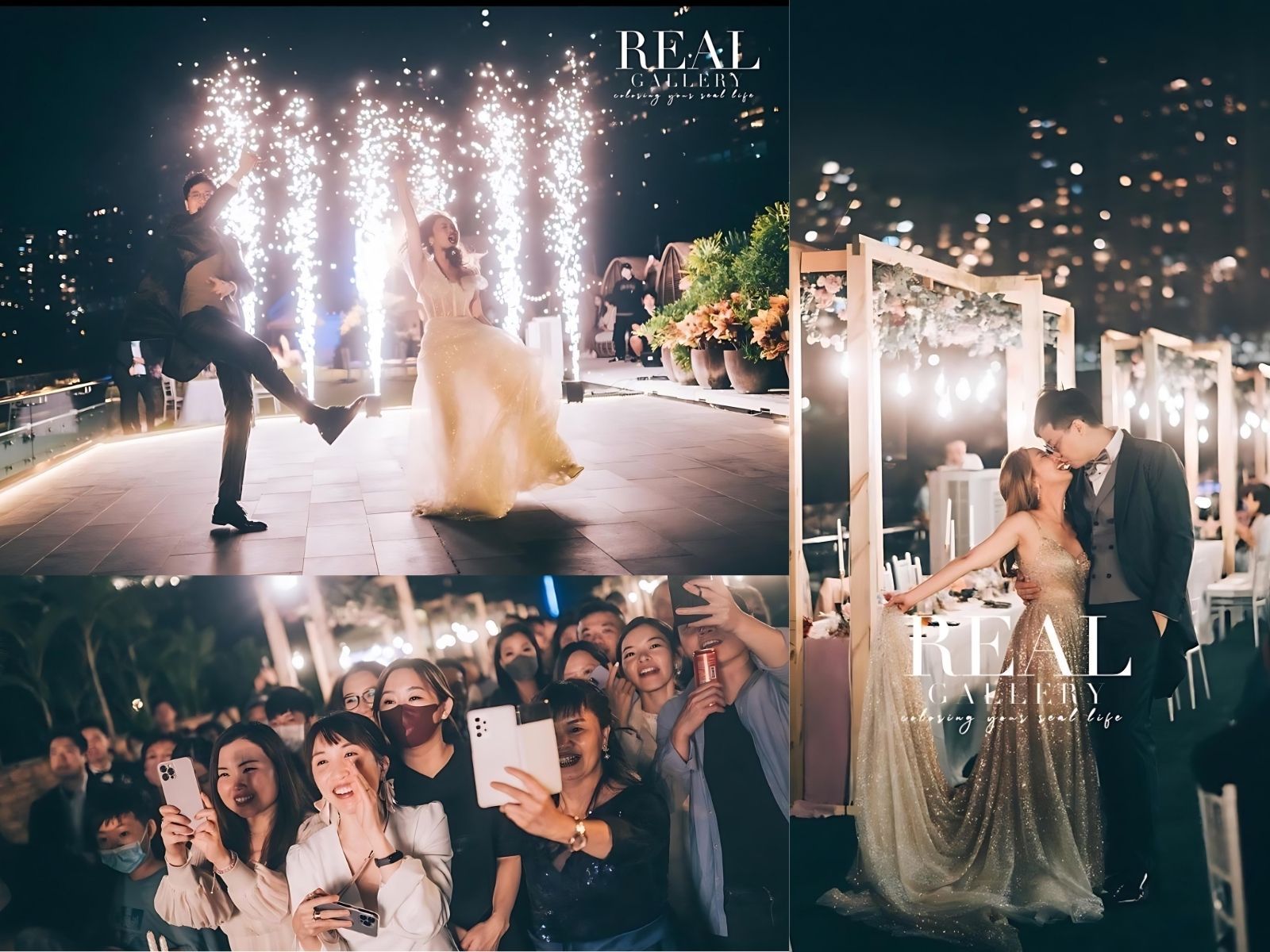 Wedding celebration with fireworks and guests, couple dancing and kissing, night setting with city lights.