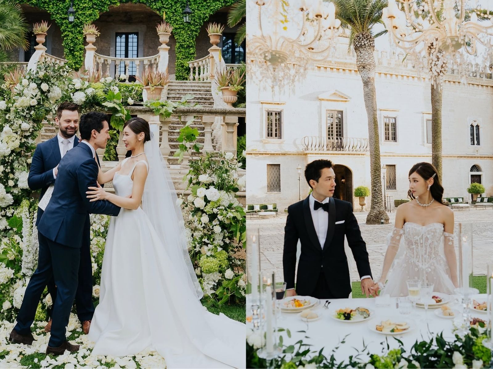 Wedding photos: couple at ceremony and reception, both outdoor settings.