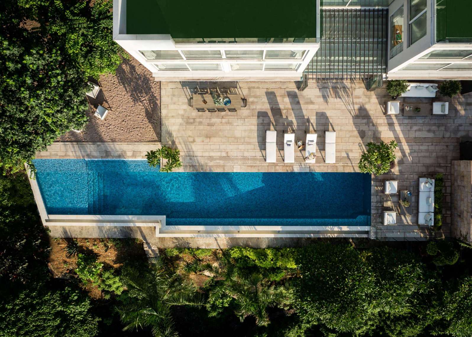 Aerial view of a rectangular pool next to a modern white house with a patio and lush green trees.