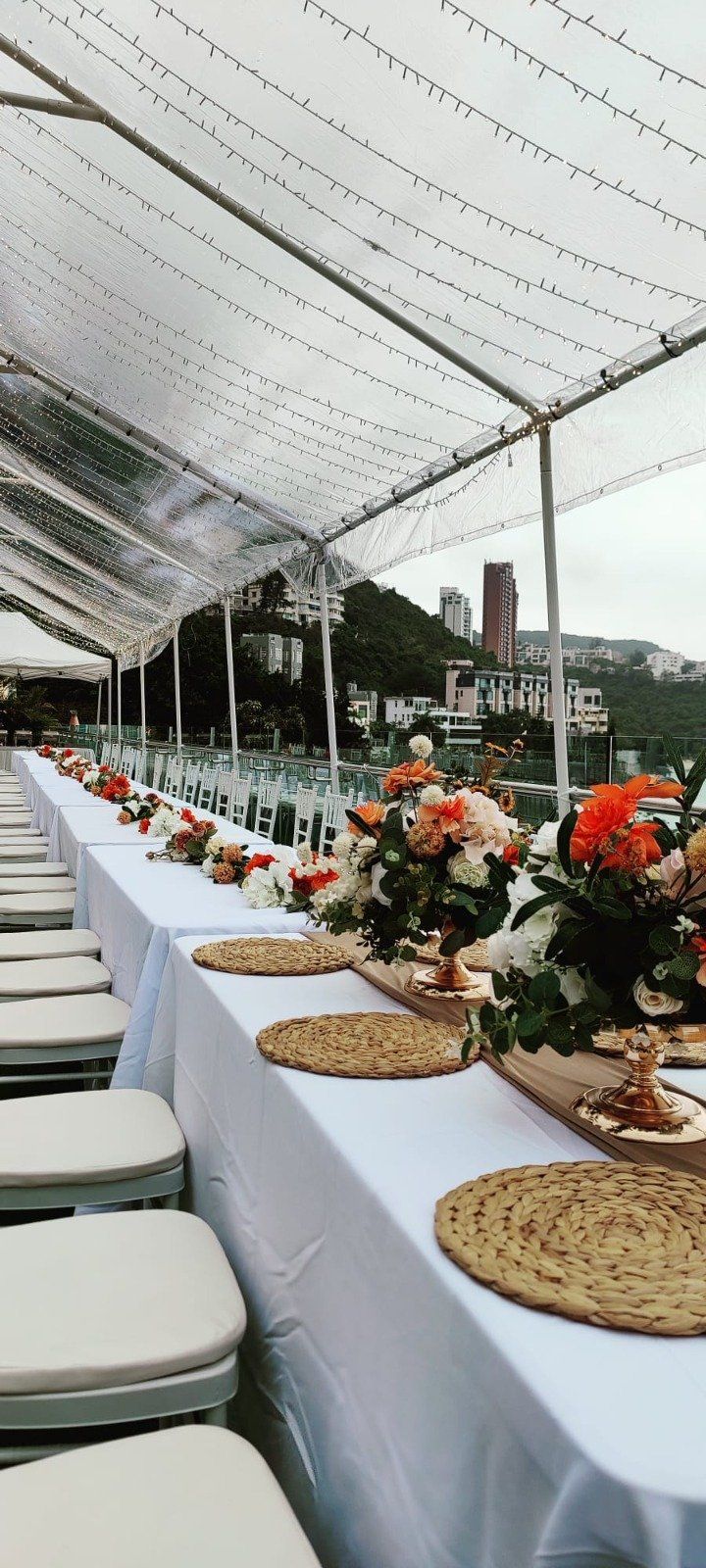 Long table set for a special event, under a transparent tent. Flowers and placemats decorate the white tablecloth.