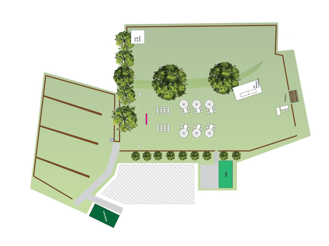 Diagram of an outdoor event space with parking, trees, seating, and a stage. Green and brown.