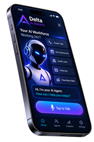 Dark-themed smartphone app screen for Delta Assistant, showing a glowing AI avatar and “Tap to Talk” button