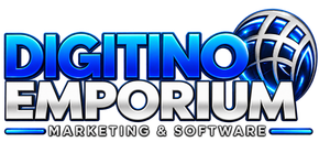 Digitino Emporium logo with blue globe icon and the words “Marketing & Software”