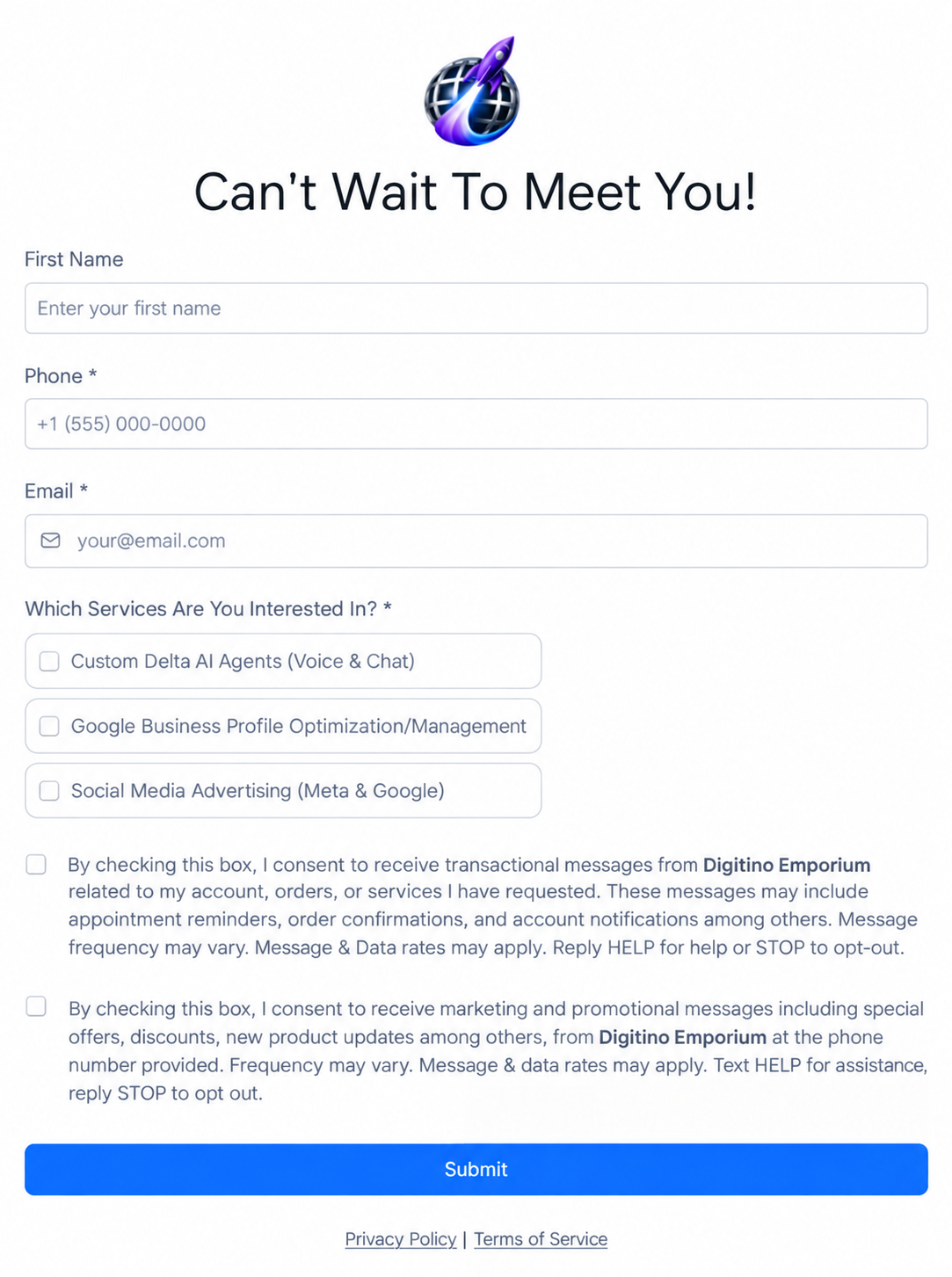 Contact form titled “Can’t Wait To Meet You!” with fields and a blue “SET UP” button.