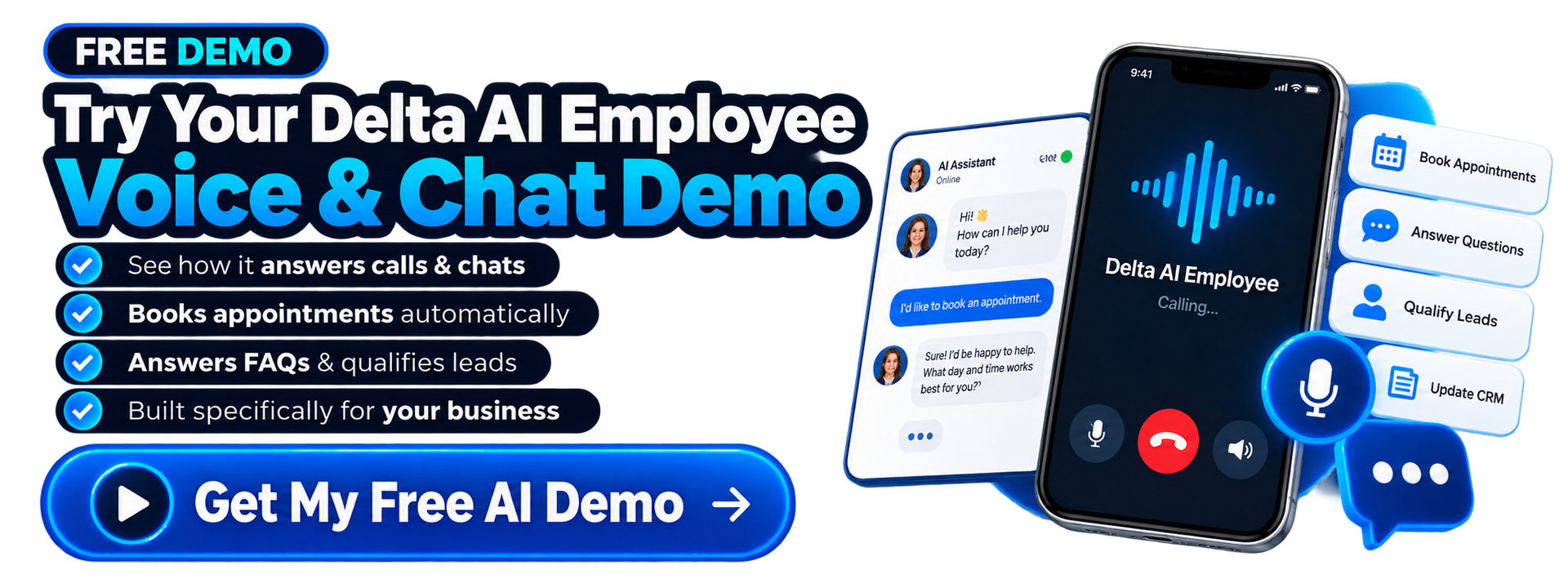 Promo banner for “Try Your Delta AI Employee Voice & Chat Demo” with phones, chat bubbles, and “Get My Free AI Demo” button