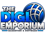 Digitino Emporium logo with blue globe and bold blue-and-white text, “Marketing & Software” tagline
