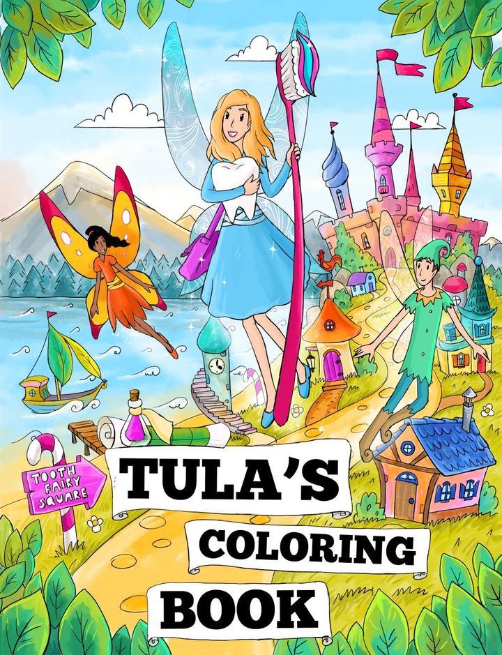 The cover of tula 's coloring book shows a fairy holding a toothbrush.