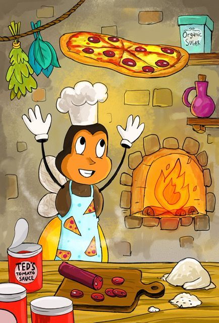 A cartoon of a bee wearing a chef 's hat and apron cooking pizza.