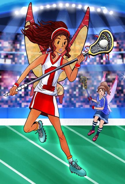 A cartoon of a girl playing lacrosse on a field.