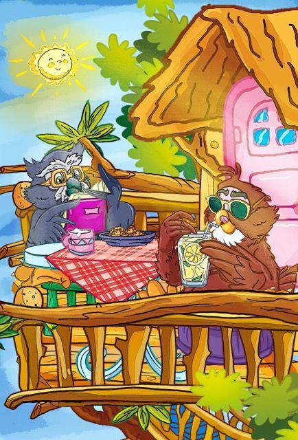 Two owls are sitting on a balcony in front of a tree house