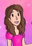 A cartoon of a woman in a pink dress holding a flower.