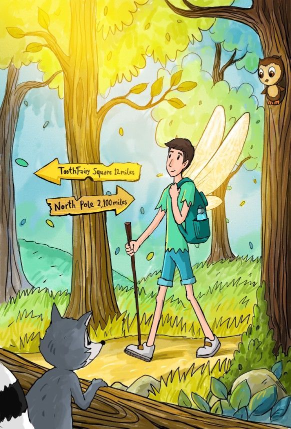 A cartoon of a boy with fairy wings walking in the woods.