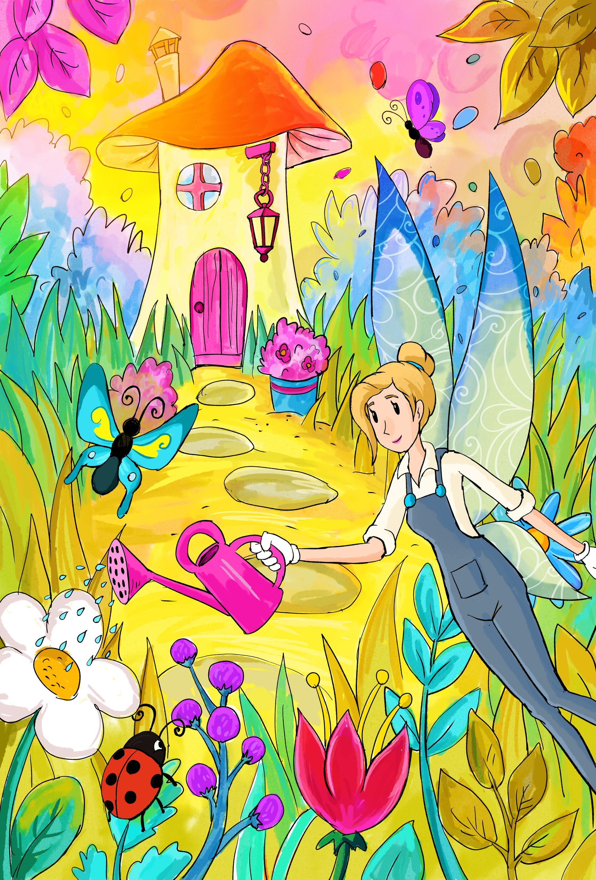 A fairy is watering flowers in a garden with a watering can.