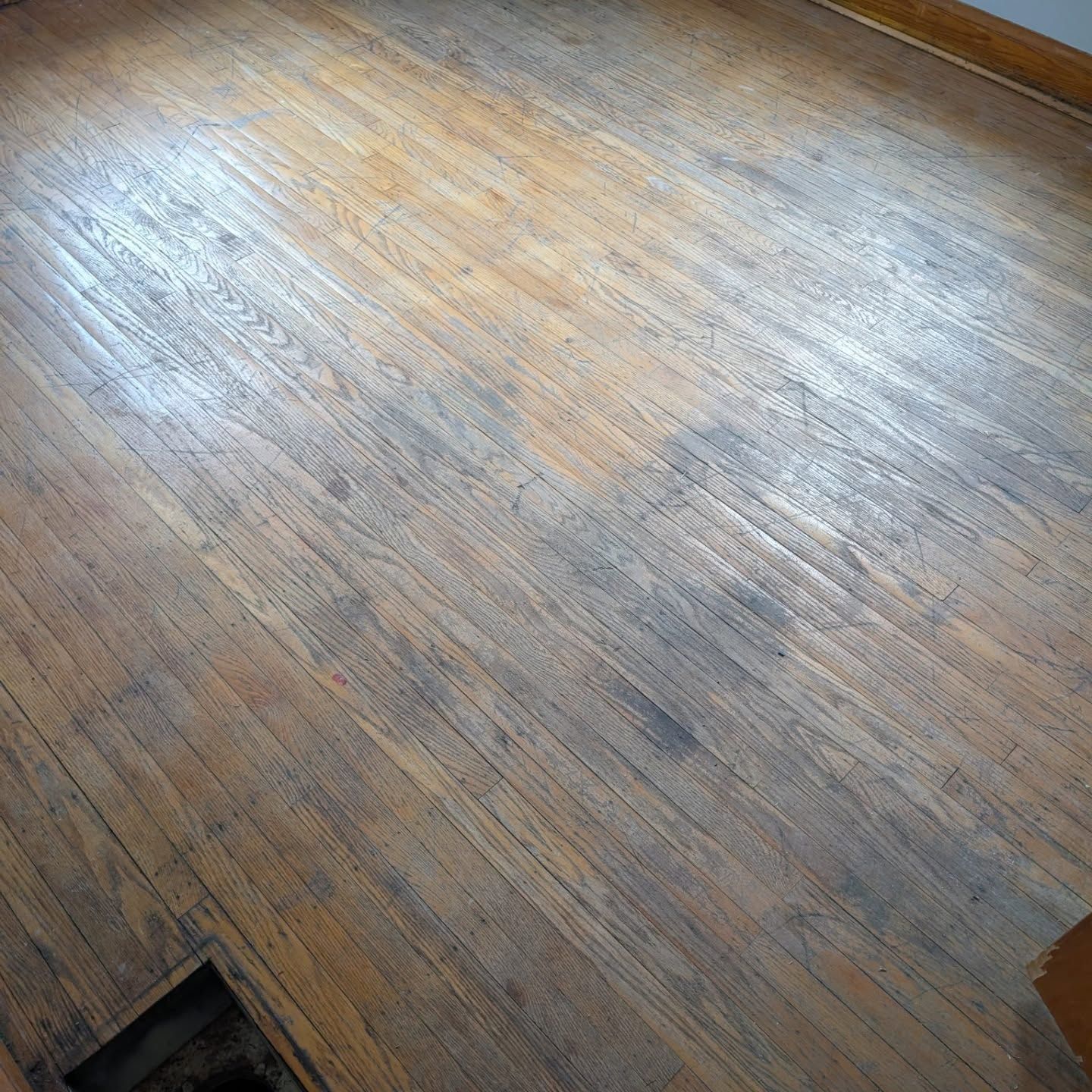 Close-up of a worn wooden floor with scuffs and a small dark corner opening.