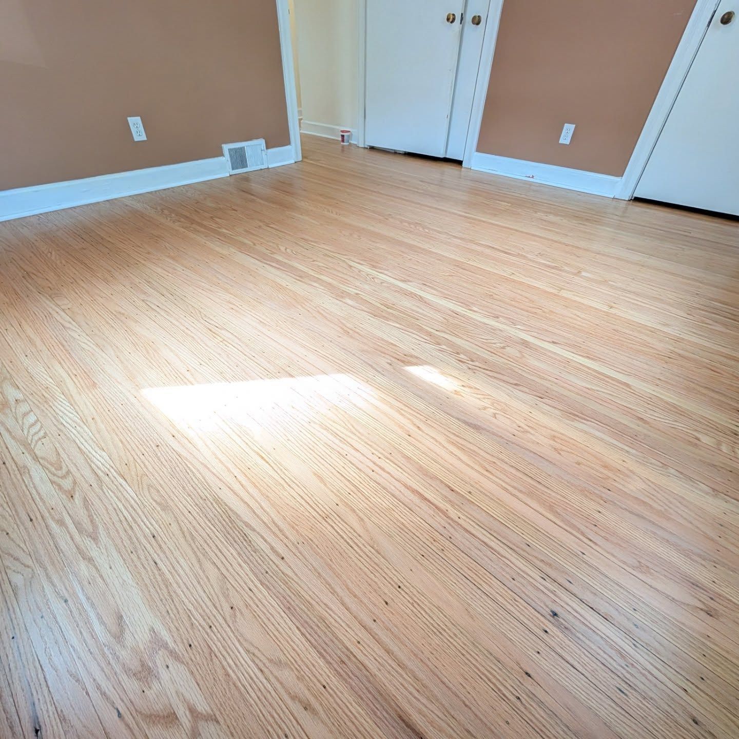 Empty room with light wood floor, tan walls, white trim, and sunlight on the floor