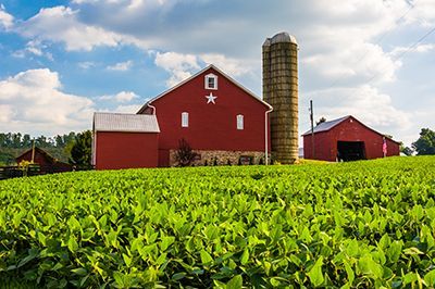 Red barn and silo on a green field under a blue sky with fluffy clouds.