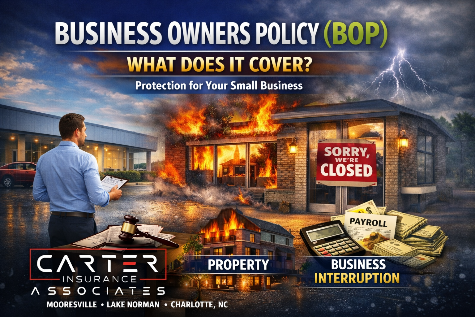 Business Owners Policy BOP explaining liability, property, and business interruption coverage.