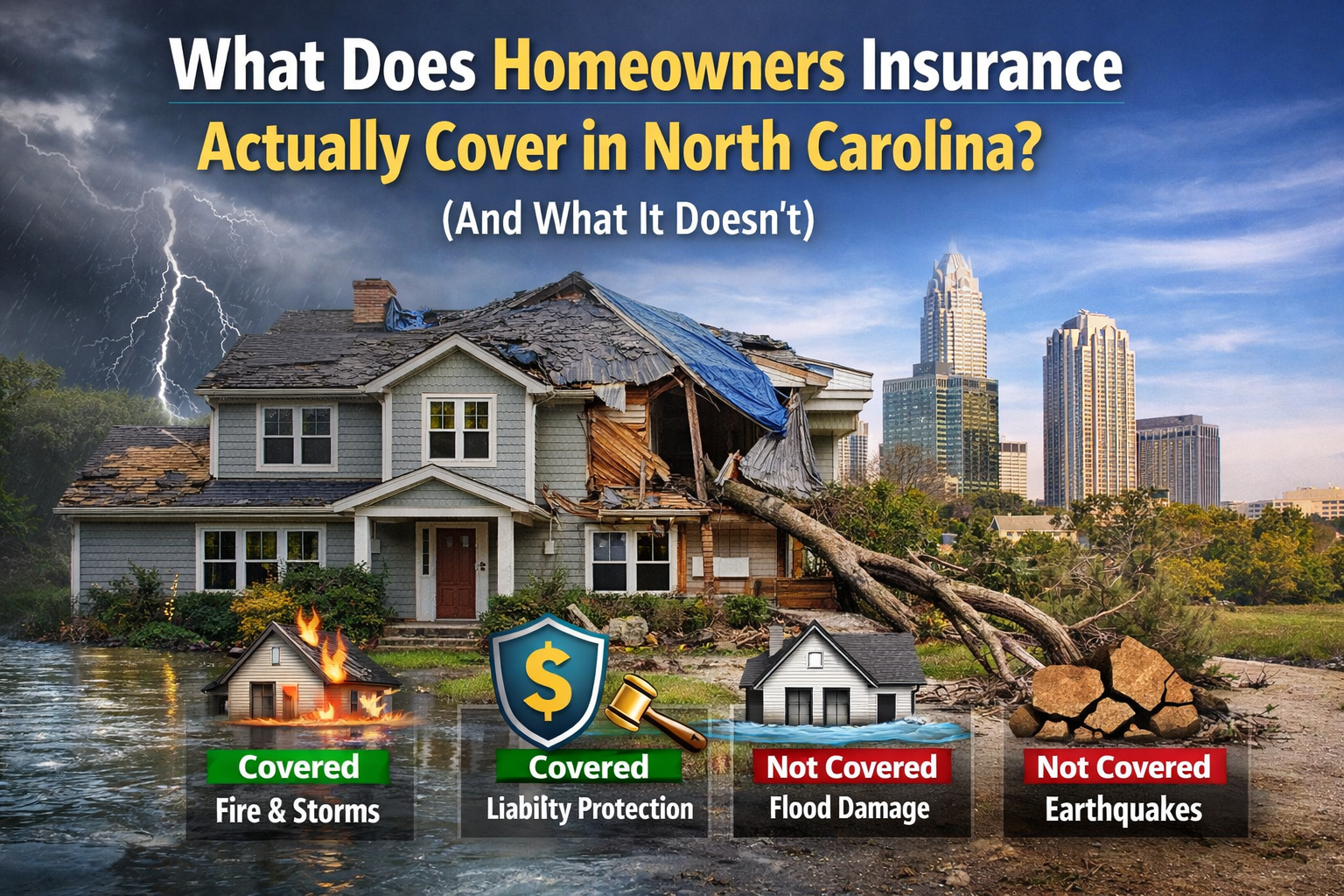 Infographic: Homeowner's insurance coverage in North Carolina. Covers fire/storms and liability, not flood damage or earthquakes.