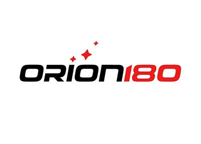 Orion180 logo with black text and red sparkles;
