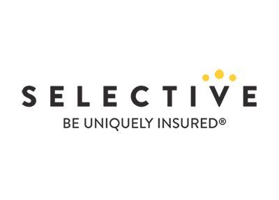 Selective insurance logo with black text and yellow dots above the “i”s, tagline “Be uniquely insured”