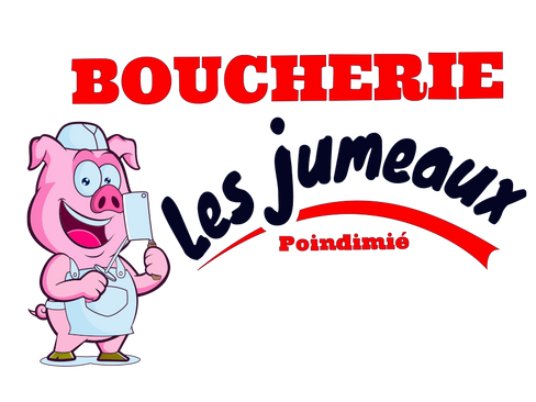 Logo de boucherie Les jumeaux à Poindimié, avec un cochon rose et texte rouge et noir.
