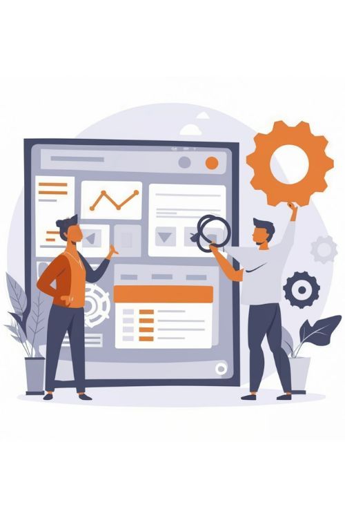 Deux personnes analysent des graphiques sur un grand tableau de bord comportant des engrenages et des icônes d'analyse.