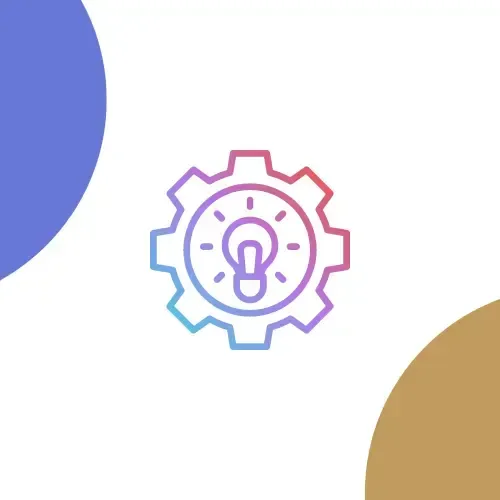 Icône d'engrenage dégradée avec une ampoule au centre sur fond blanc et des cercles d'angle bleus et dorés.
