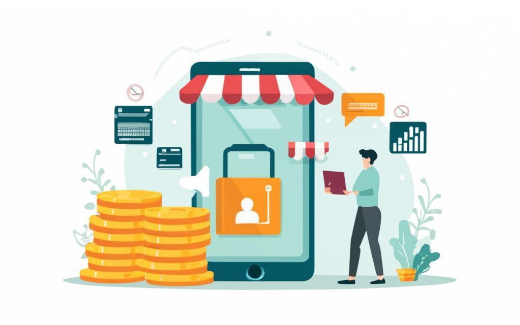 Illustration d'une page de paiement en ligne avec smartphone, pièces de monnaie empilées, client et graphiques de ventes.