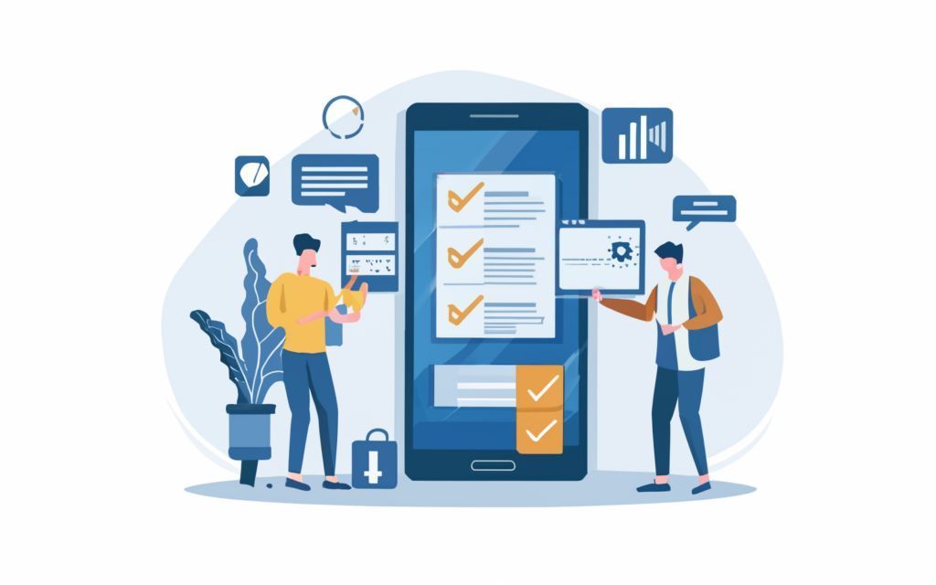 Deux personnes consultent une liste de contrôle sur un smartphone, avec des graphiques et des icônes autour d'elles.